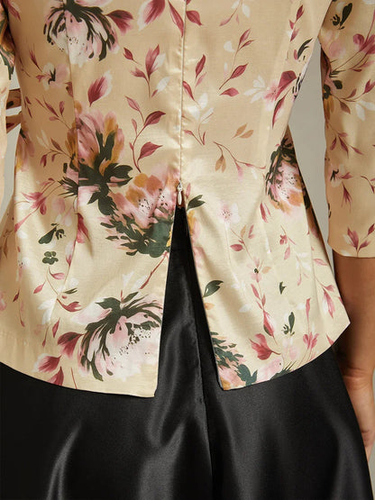 3/4 Sleeve Stretch Taffeta Blouse with Tie Waist Detail