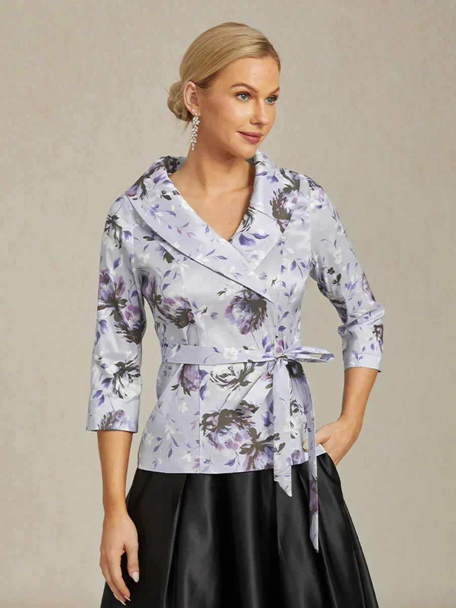 3/4 Sleeve Stretch Taffeta Blouse with Tie Waist Detail
