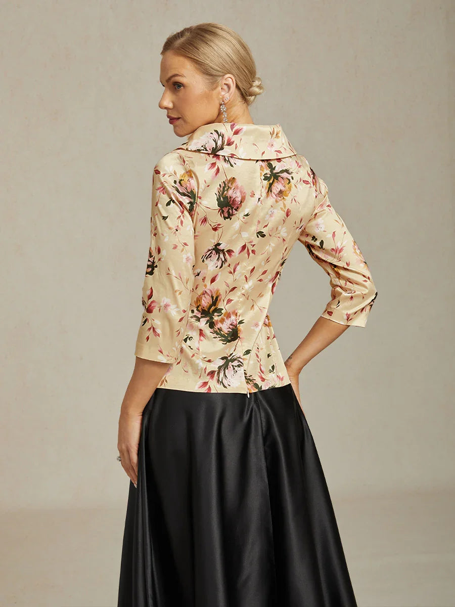 3/4 Sleeve Stretch Taffeta Blouse with Tie Waist Detail