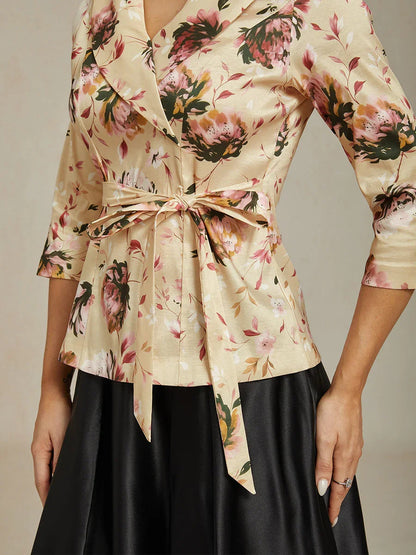 3/4 Sleeve Stretch Taffeta Blouse with Tie Waist Detail