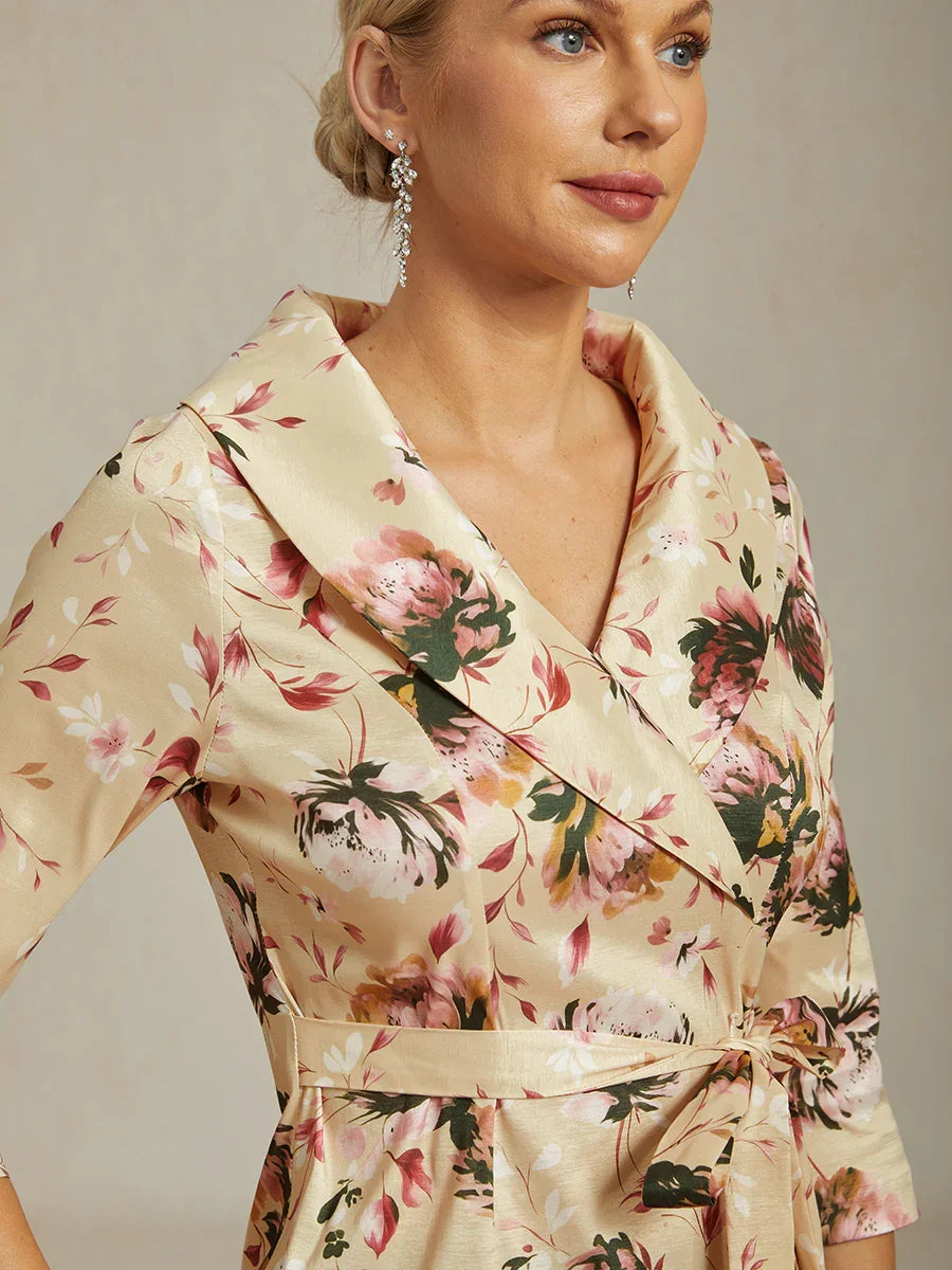 3/4 Sleeve Stretch Taffeta Blouse with Tie Waist Detail