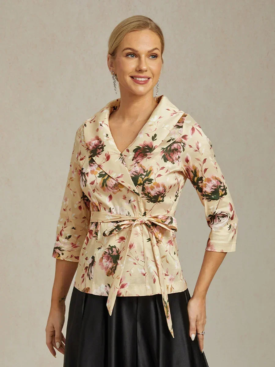 3/4 Sleeve Stretch Taffeta Blouse with Tie Waist Detail