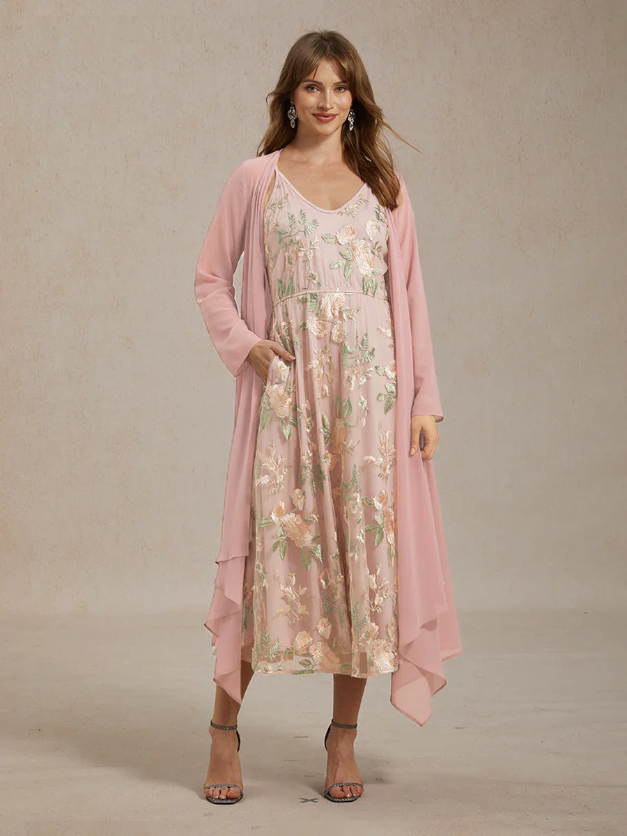 Chiffon-Kleid-Set mit bestickter Spitze