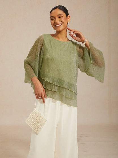 Asymmetrische Lagenbluse aus metallisch schimmerndem, plissiertem Chiffon