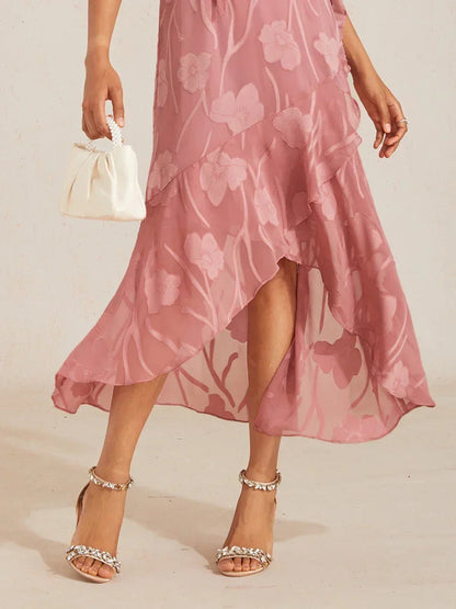 Floral Chiffon Sleeveless Evening Gown with Asymmetrical Hem
