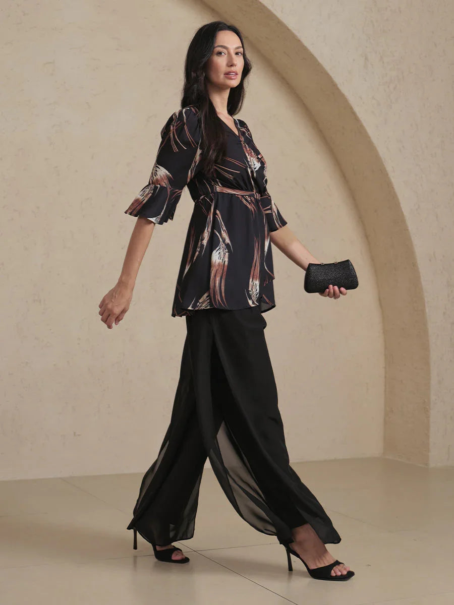 V-neck Long Tunic Blouse with Flutter Sleeves