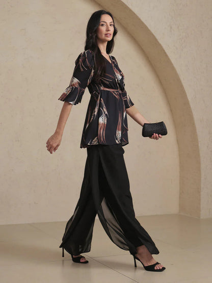 V-neck Long Tunic Blouse with Flutter Sleeves