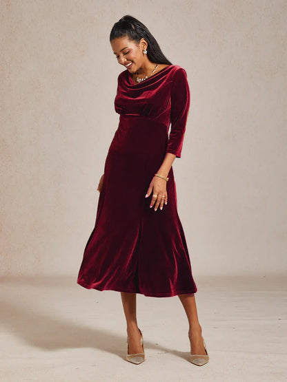 High-Stretch Velvet Sleeveless Midi Dress with Cowl Neck