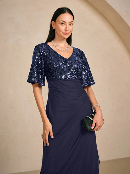 Embroidered Sequin Empire Waist Gown with Flutter Sleeves