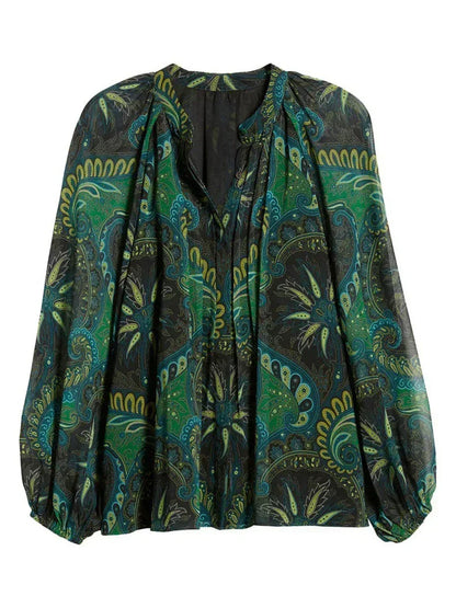 Paisley Chiffon Peasant Blouse with Long Lantern Sleeves