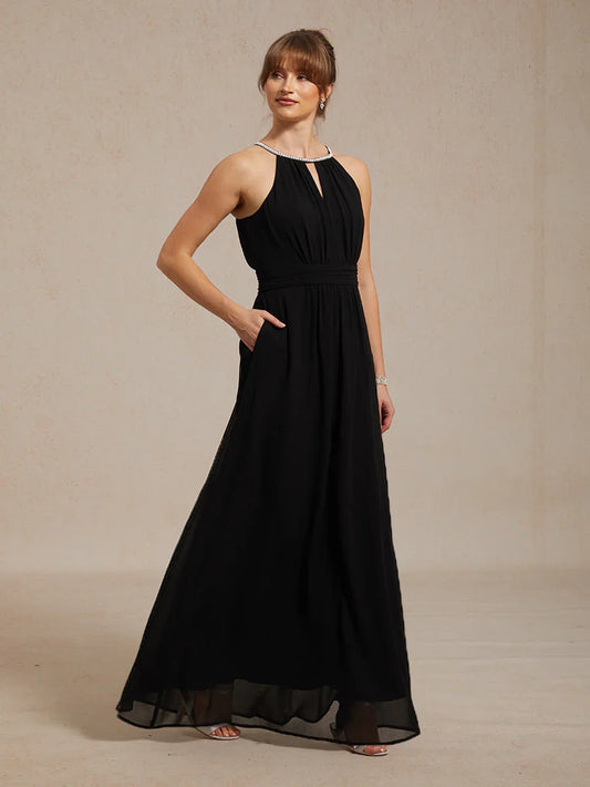 Chiffon Pearl Halter Neck Floor-Length Dress with Wrinkle Resistant chiffon