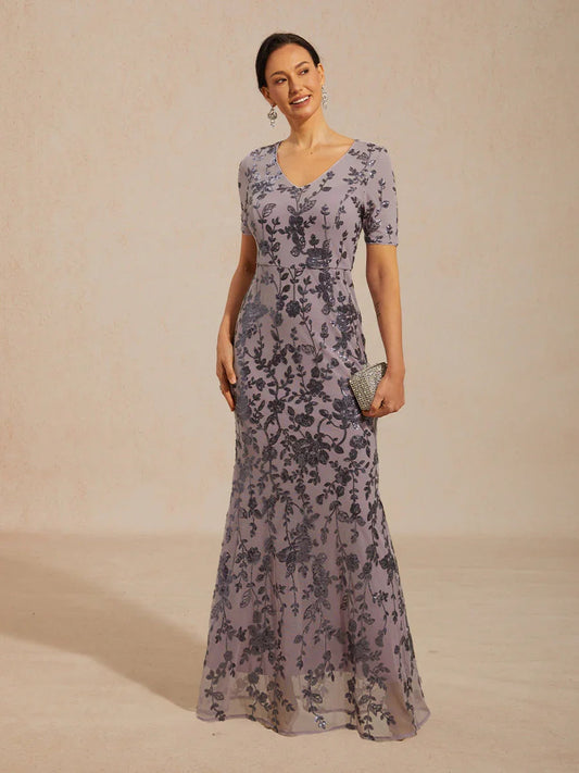 Floral Sequin Stretch Mesh Short Sleeve Dress