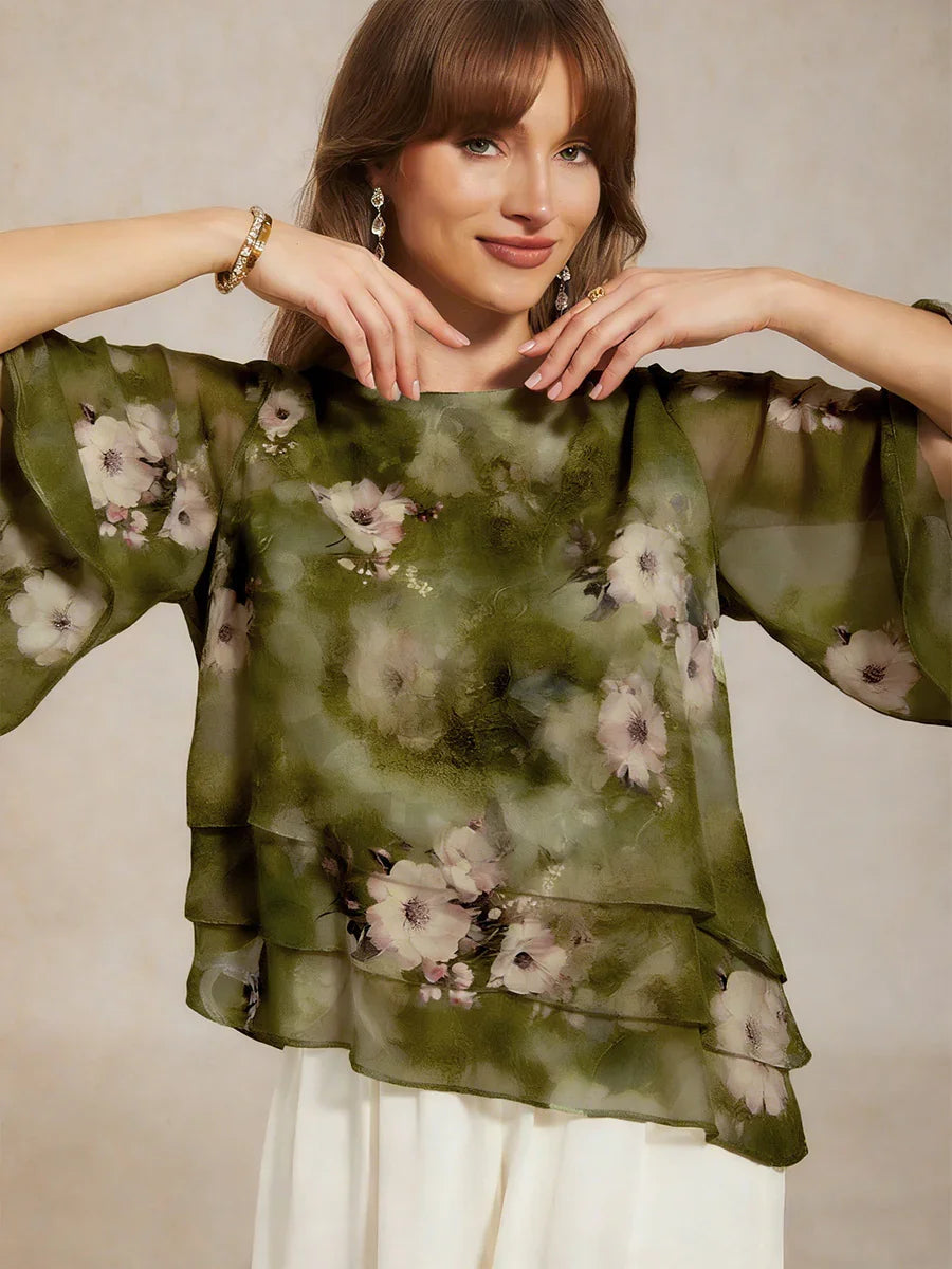 Lace Chiffon Layered Blouse with Floral Print