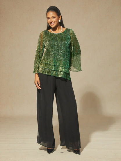 Metallic Pleated Chiffon Asymmetrical Layered Blouse