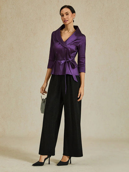3/4 Sleeve Stretch Taffeta Blouse with Tie Waist Detail
