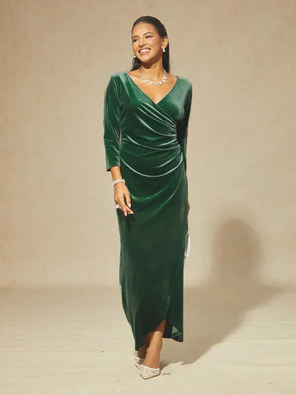 Long Stretch Velvet Evening Dress with 3/4 Sleeves
