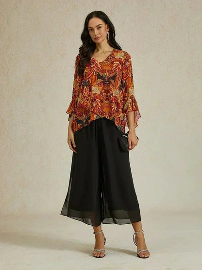 Cropped Length Straight Leg Pant With Chiffon Split Leg Overlay