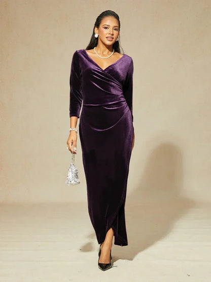 Long Stretch Velvet Evening Dress with 3/4 Sleeves