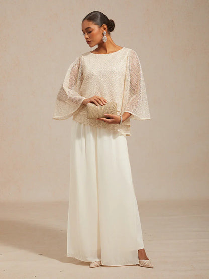 Bell Sleeves Mesh Sequin Layered Top