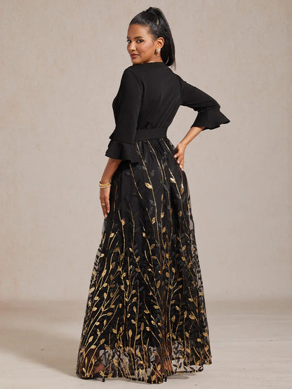 High-Waist A-Line Dress with Sequin Embroidery