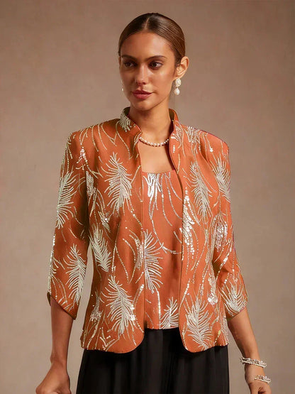 Elegant Mandarin Collar Sequin Twinset