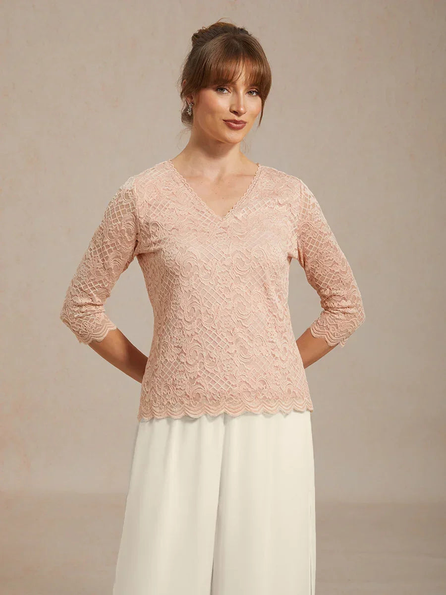 Feminine V-Neck Stretch Lace Top with Scalloped Hem