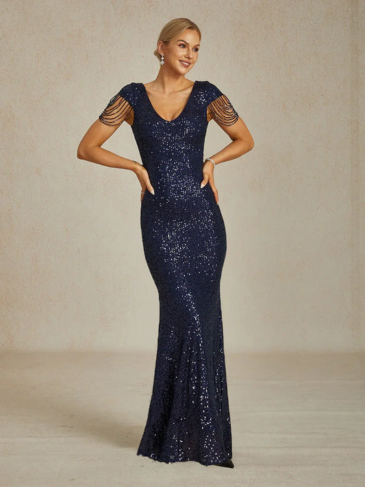 Sequin Mermaid Evening Gown with Beaded Chain Details