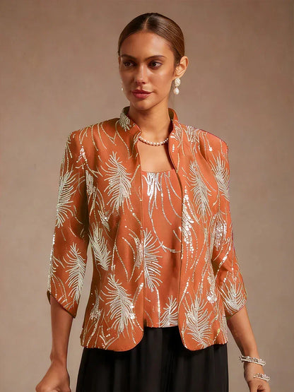 Elegant Mandarin Collar Sequin Twinset
