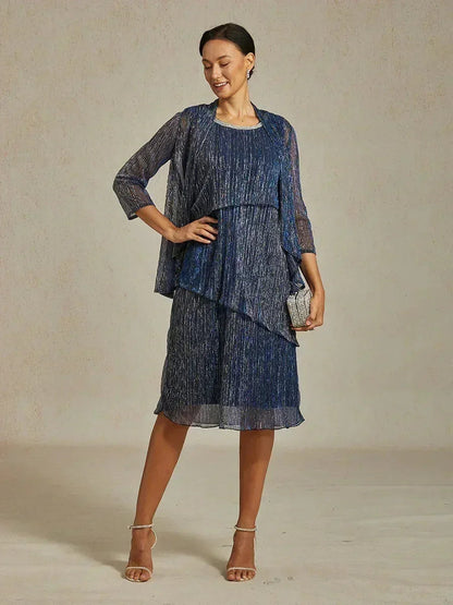 Metallic Pleated Chiffon Long Jacket Dress