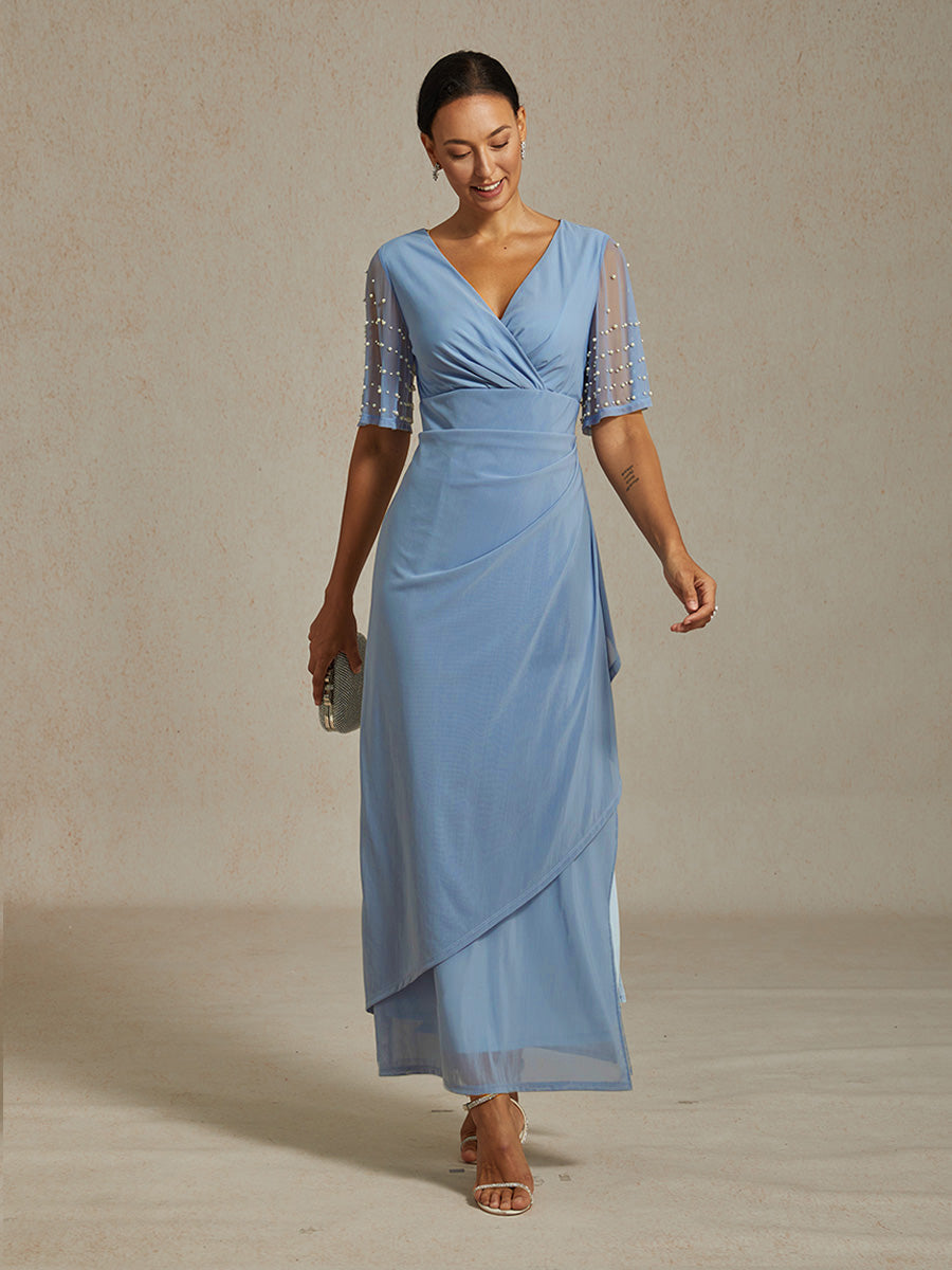 Elegant Formal Dress with Embellished Flutter Sleeves