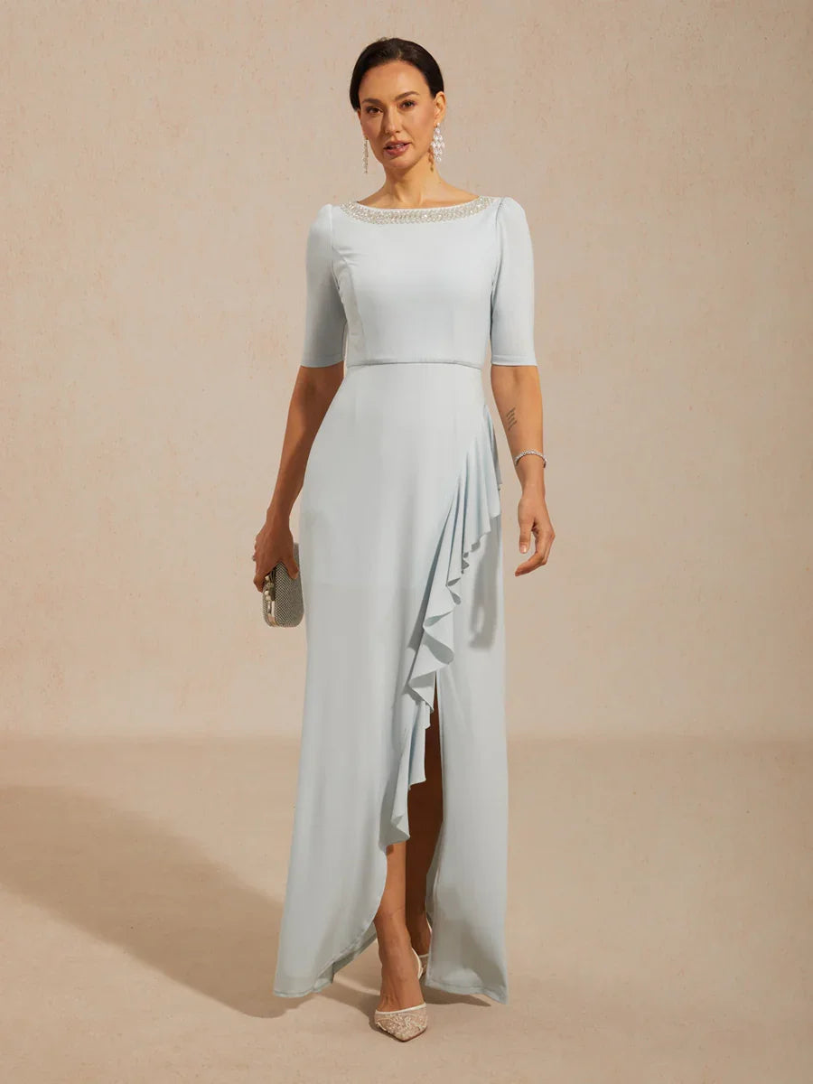 Boat Neck Ruffle A-Line Maxi Dress with Rhinestone Neck Detail