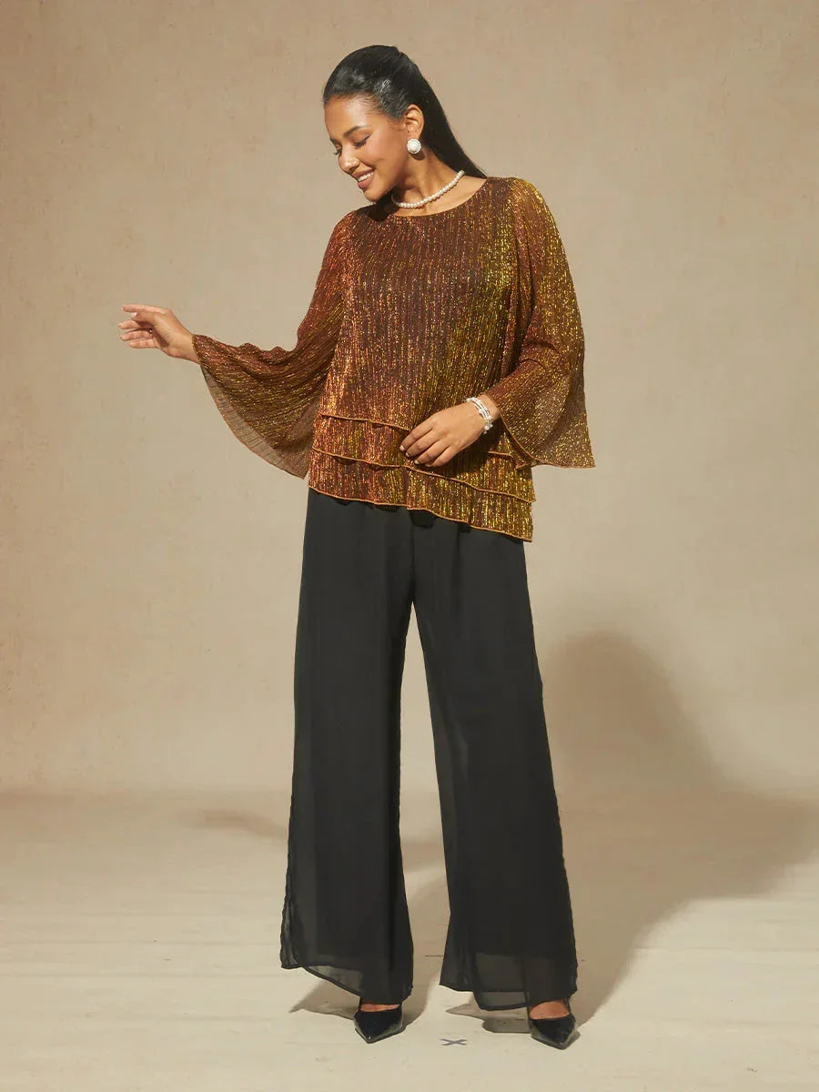 Asymmetrische Lagenbluse aus metallisch schimmerndem, plissiertem Chiffon