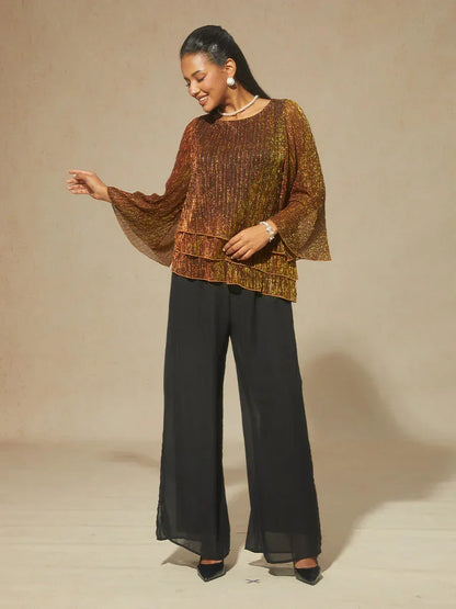 Asymmetrische Lagenbluse aus metallisch schimmerndem, plissiertem Chiffon