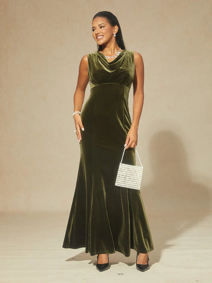 High-Stretch Velvet Sleeveless Midi Dress with Cowl Neck