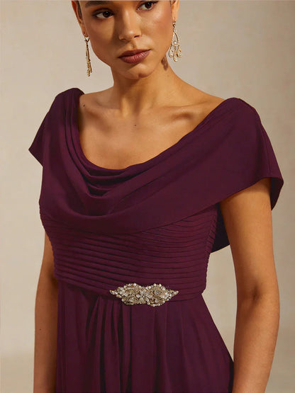 Draped Neck Jersey Evening Dress with Pleated Bodice