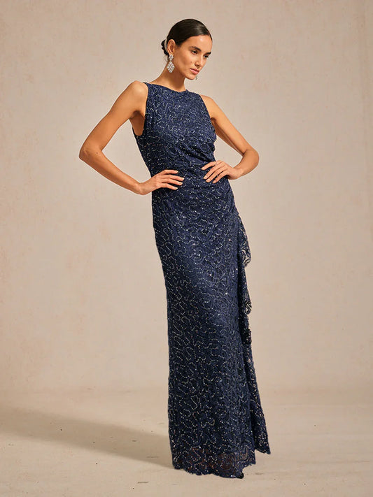 Lace Sequin Maxi Dress with Ruffle Detail