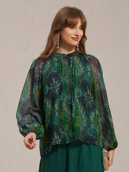 Paisley Chiffon Peasant Blouse with Long Lantern Sleeves
