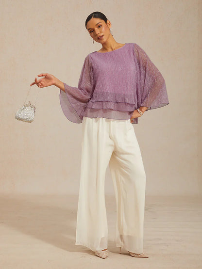 Asymmetrische Lagenbluse aus metallisch schimmerndem, plissiertem Chiffon