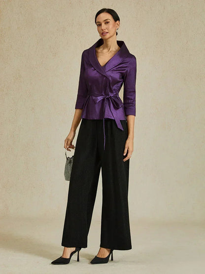 3/4 Sleeve Stretch Taffeta Blouse with Tie Waist Detail