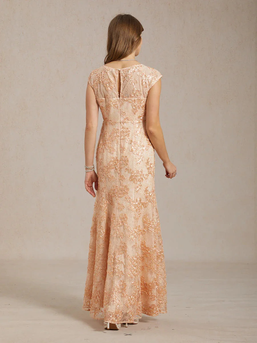 Rosette Lace Cap Sleeve V-neck Mermaid Gown