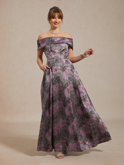 Off the Shoulder Metallic Floral Jacquard Ballgown