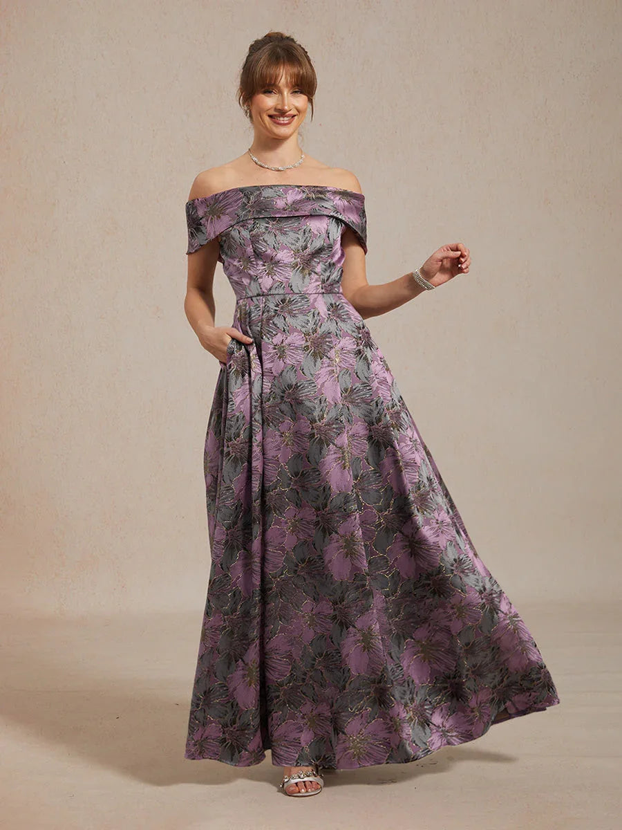 Off the Shoulder Metallic Floral Jacquard Ballgown