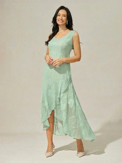 Floral Chiffon Sleeveless Evening Gown with Asymmetrical Hem