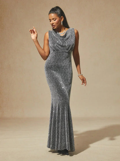 High-Stretch Velvet Sleeveless Midi Dress with Cowl Neck