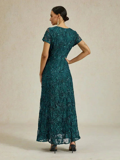 Rosette Lace A-Line Gown with Sequin Embellishment