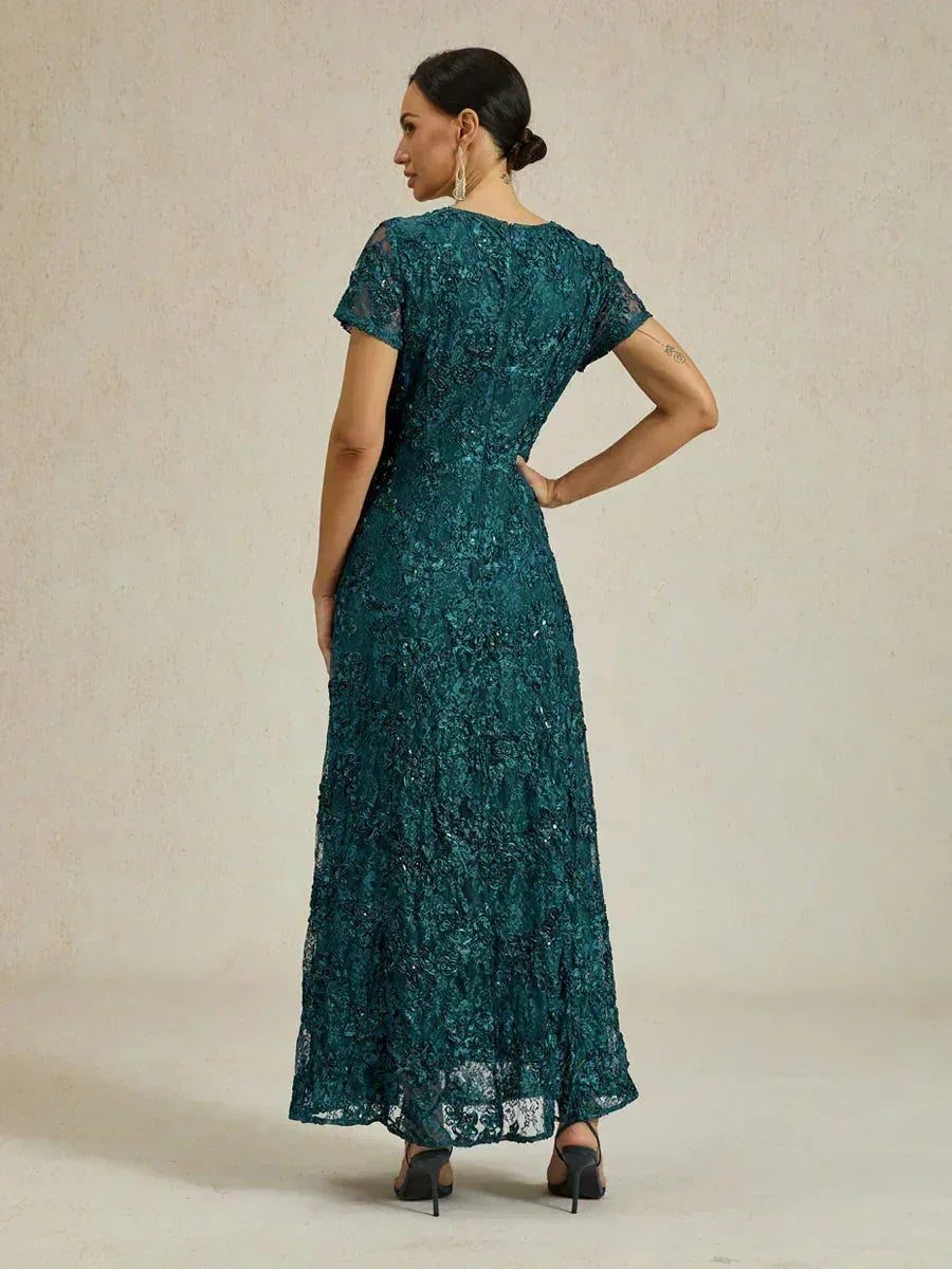 Robe trapèze en dentelle rosette ornée de paillettes