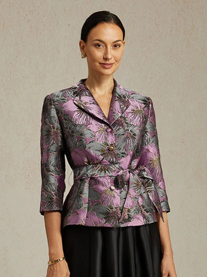 Dreiviertelärmelige Bluse mit floralem Jacquardmuster und Bindegürtel