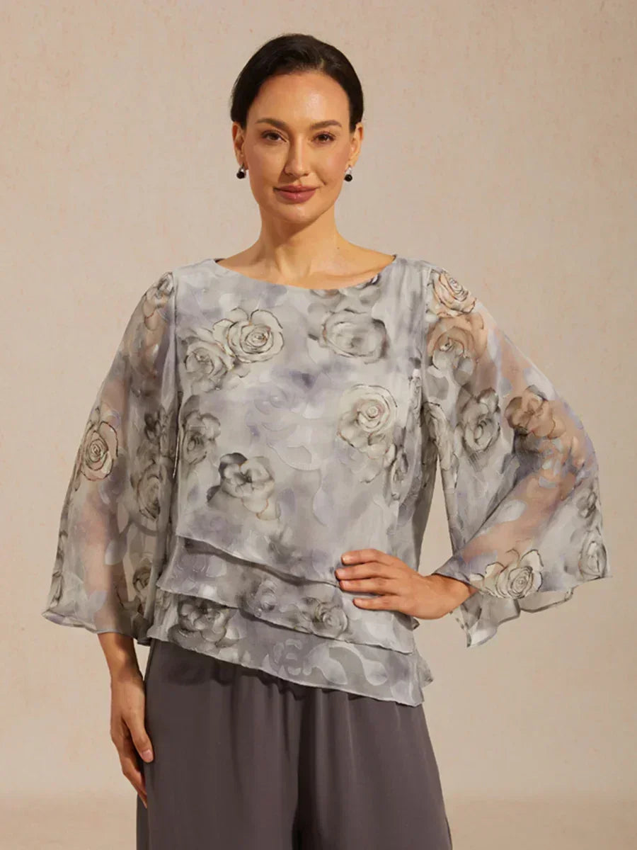 Lace Chiffon Layered Blouse with Floral Print