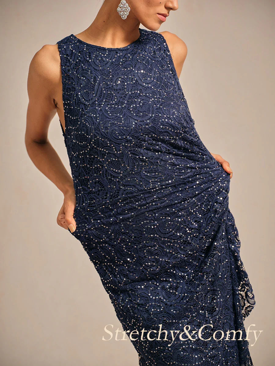 Maxikleid aus Spitze mit Pailletten und Rüschendetail