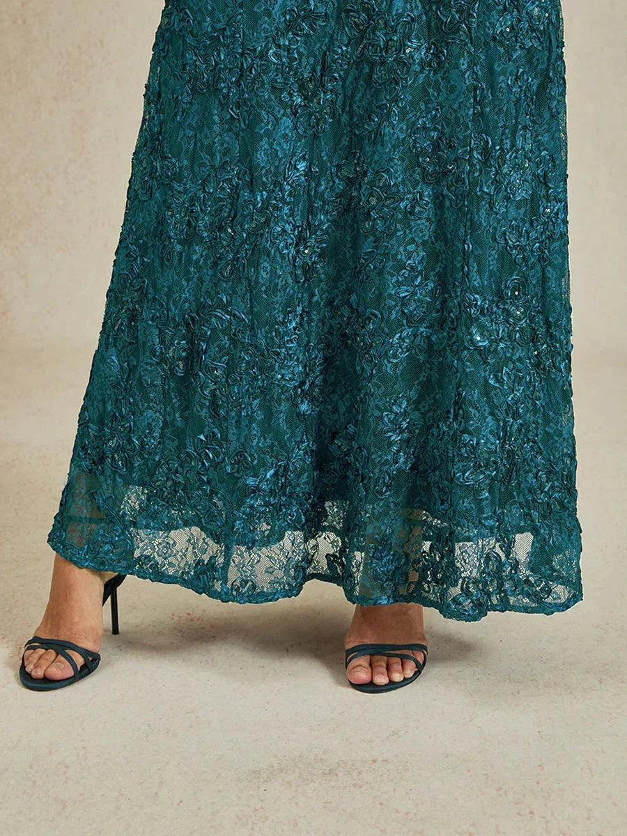 Rosette Lace A-Line Gown with Sequin Embellishment
